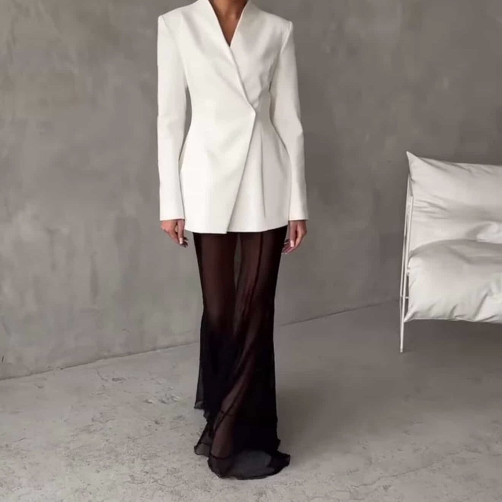 White Blazer with Black Sheer Skirt